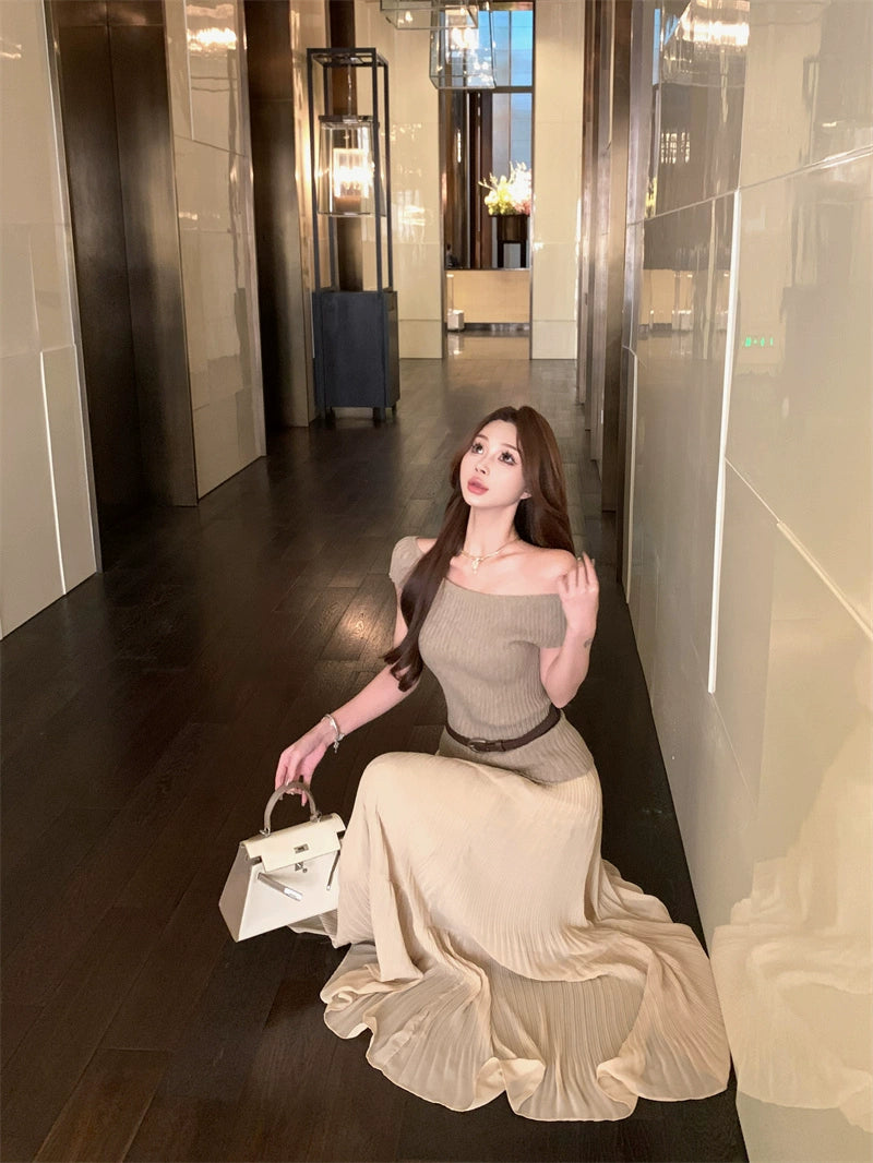 Off-Shoulder Fitted Knit Tee & High-Waist A-Line Maxi Skirt Set – Summer Two-Piece Outfit