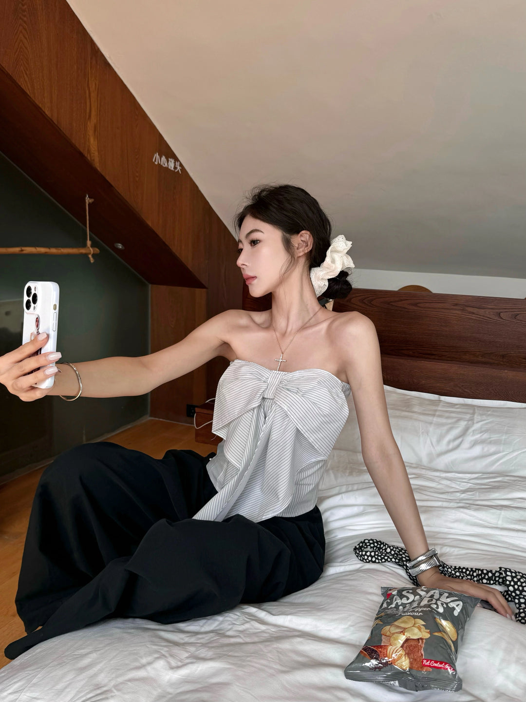 Striped Black Tube Top with Bow Detail – Sleeveless Crop Corset Top with Open Back (Available in 2 Colors)