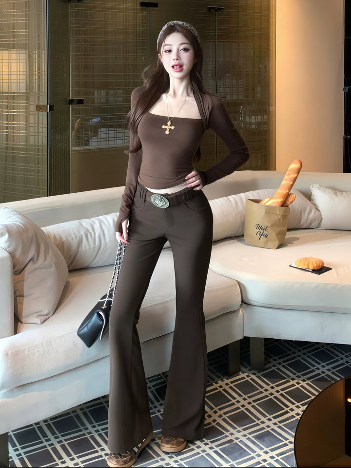 方领罗纹针织长袖上衣 | 修身韩版时尚分层 T 恤（3 种颜色可选）