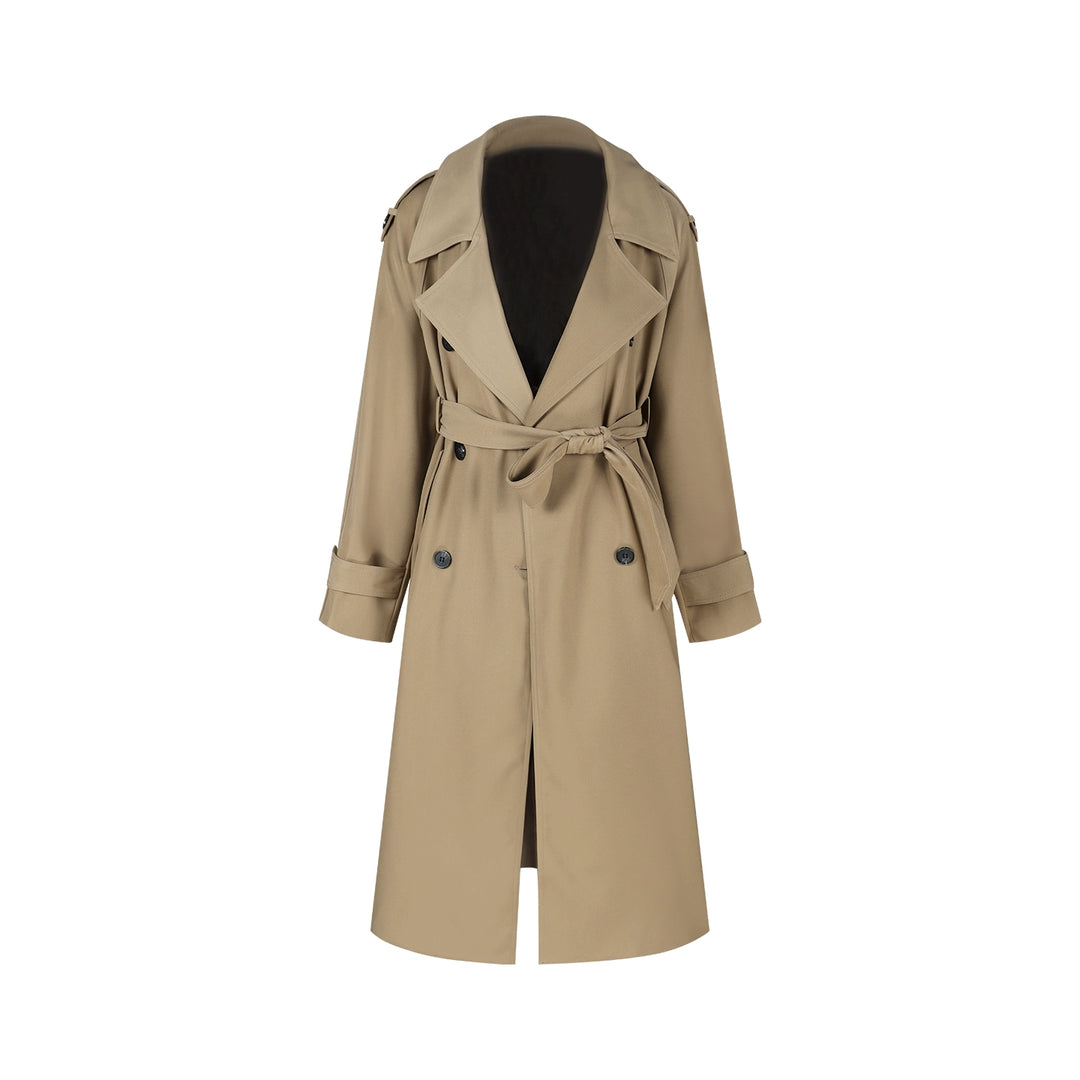 Khaki Double-Breasted Trench Coat – Elegant Long Vintage Windbreaker