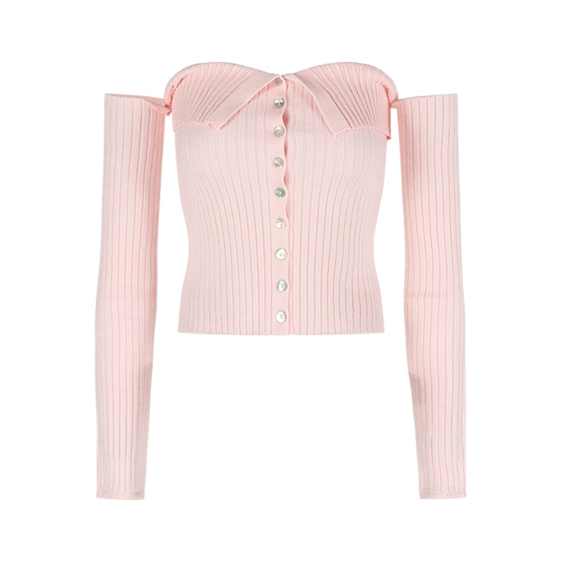 Pink Off-Shoulder Knit Crop Top with Sleeves – Sexy Slim Fit Fall Sweater
