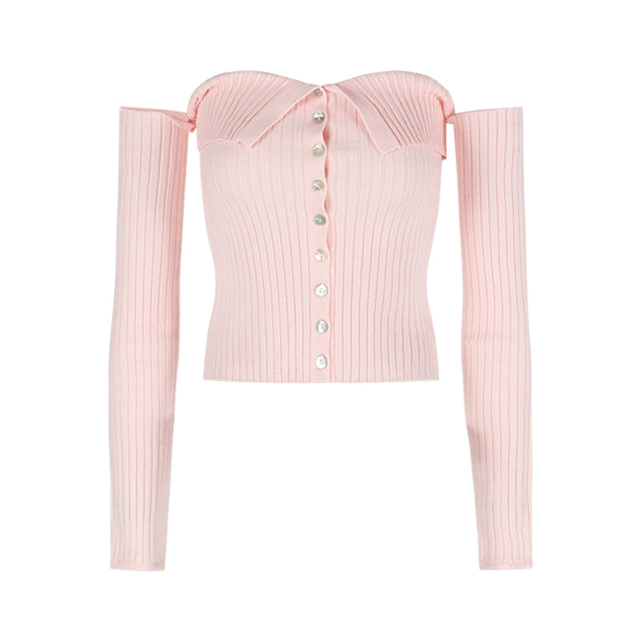 Pink Off-Shoulder Knit Crop Top with Sleeves – Sexy Slim Fit Fall Sweater