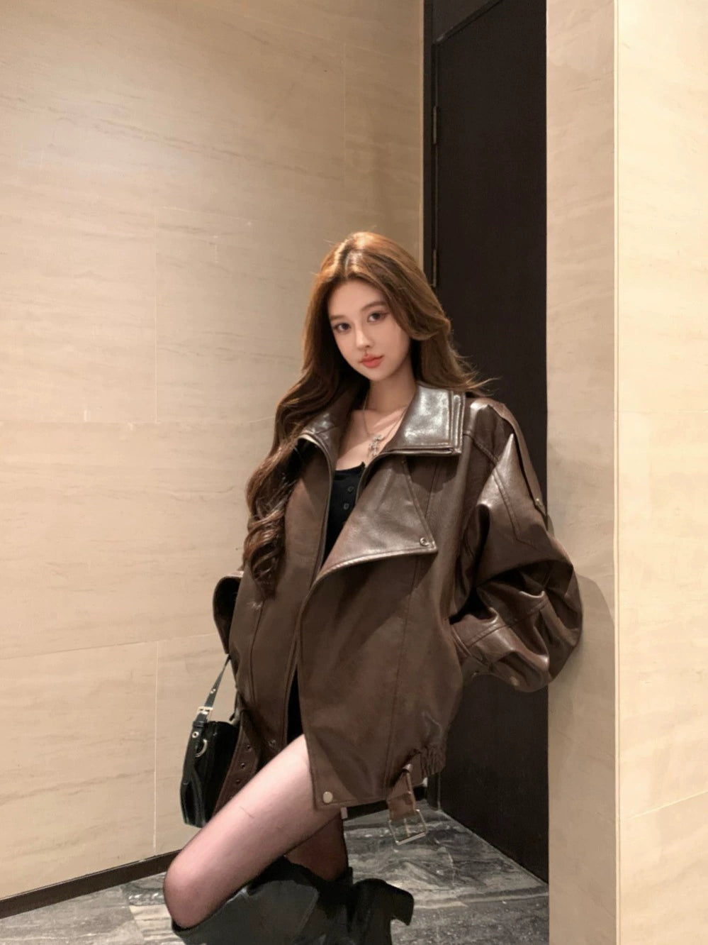 Black Faux Leather Biker Jacket – Vintage Zip-Up PU Moto Coat (Available in 2 Colors)