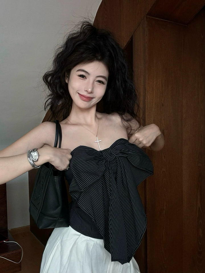 Striped Black Tube Top with Bow Detail – Sleeveless Crop Corset Top with Open Back (Available in 2 Colors)
