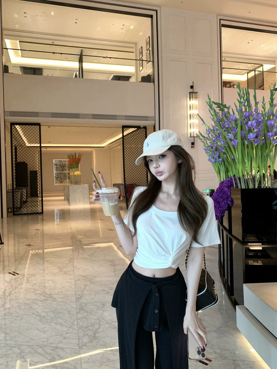 White Twisted Front Crop Tee – Slim-Fit Short Sleeve Top