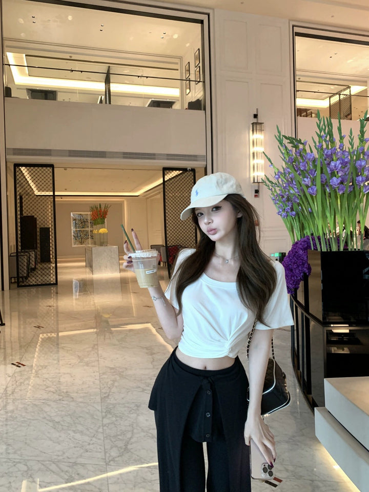 White Twisted Front Crop Tee – Slim-Fit Short Sleeve Top