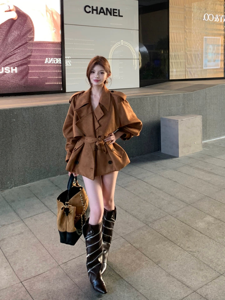 Vintage Brown Suede Jacket – Belted Loose-Fit Long Sleeve Cardigan Coat