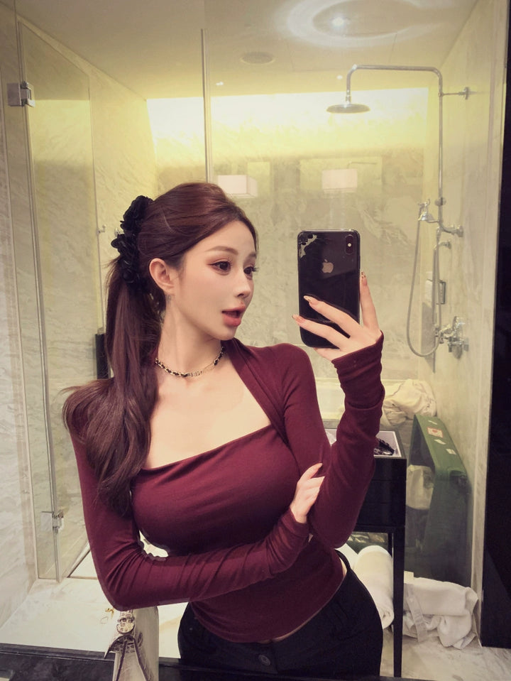 Square-Neck Ribbed Knit Long Sleeve Top | Slim-Fit K-Fashion Layering Tee (Available in 3 Colors)