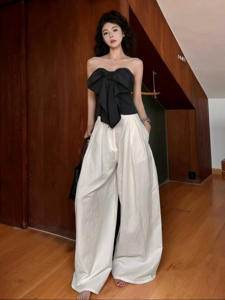 带蝴蝶结细节的条纹黑色抹胸 - 露背无袖短款紧身胸衣上衣（2 种颜色可选）