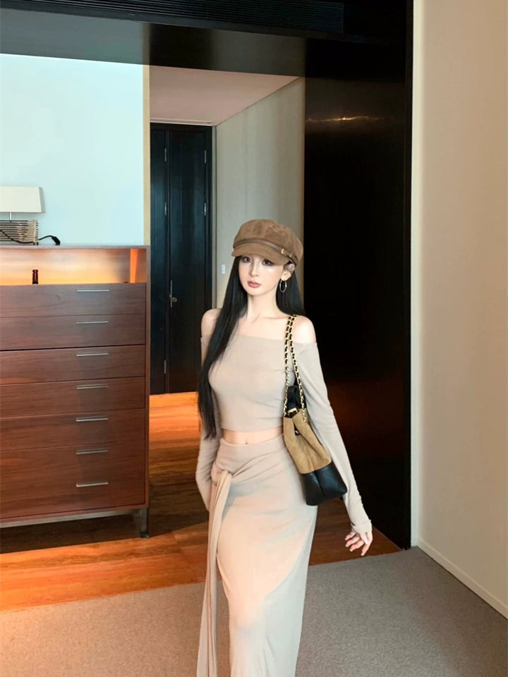 Off-Shoulder Fitted Long-Sleeve Top & Tie-Up Bodycon Skirt Set – Sexy Two-Piece Outfit (Available in 2 Colors)
