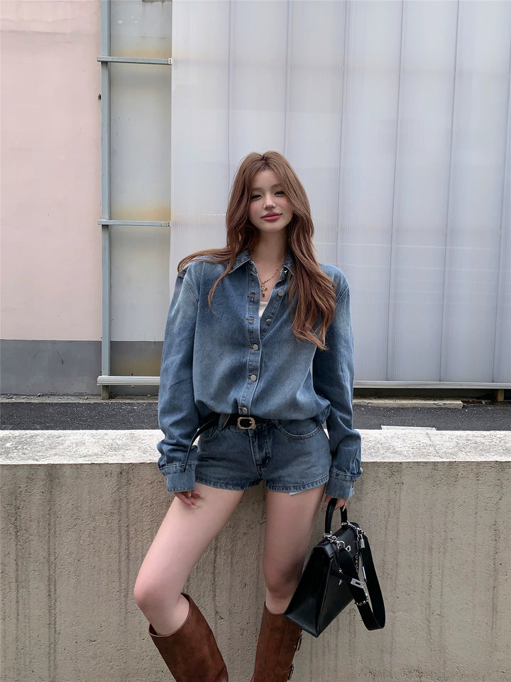 Vintage Blue Denim Jacket & Shorts Set – Casual Two-Piece Outfit