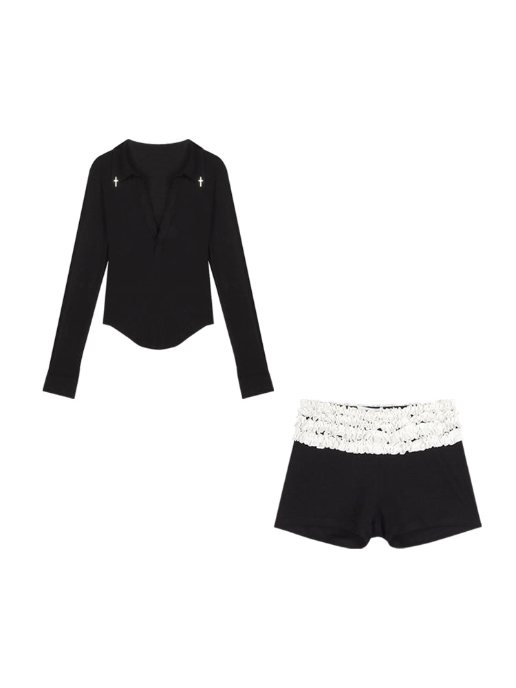 Black V-Neck Slim Fit Long Sleeve Top – Sexy Curved Hem Design