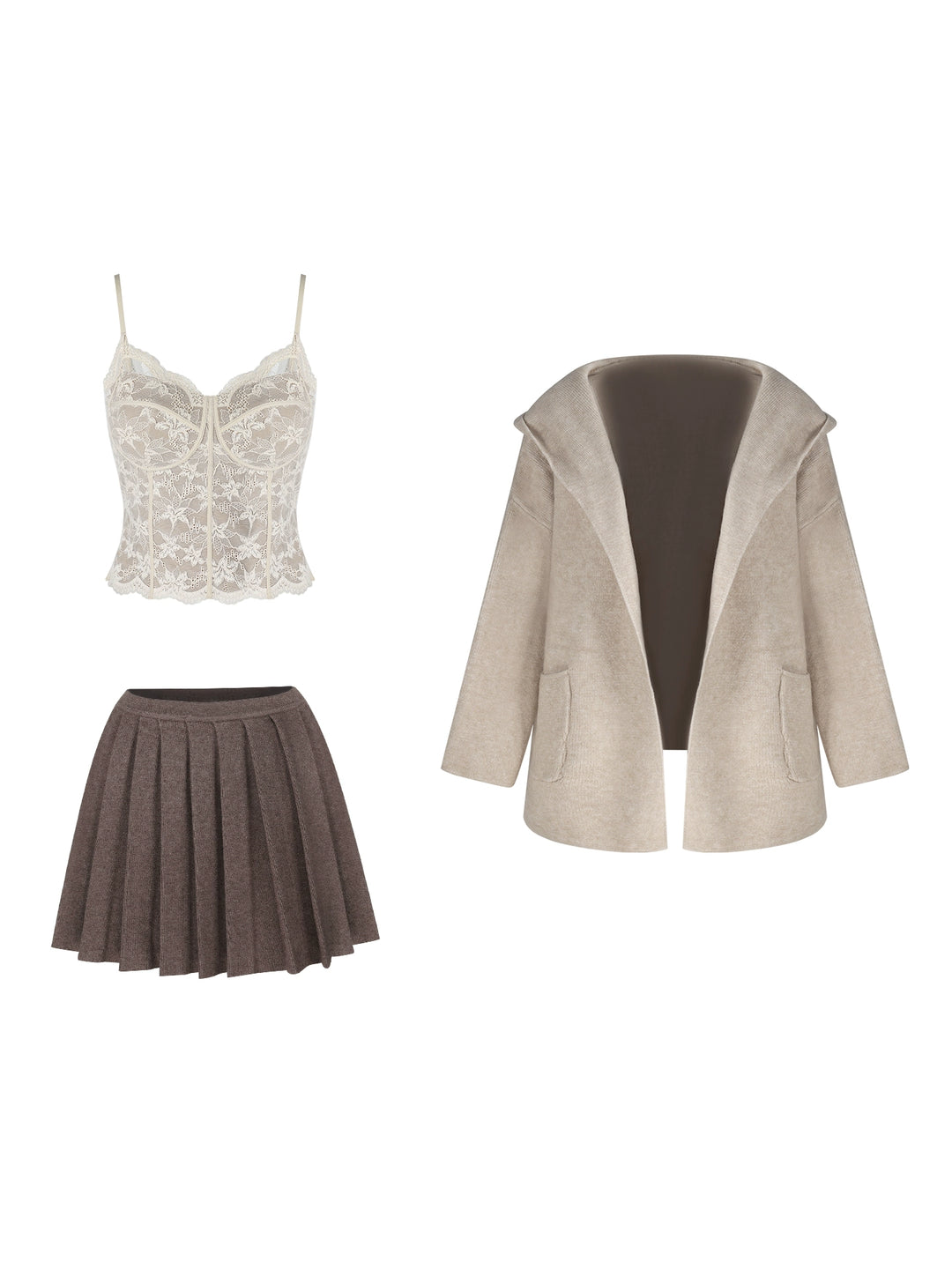 Apricot Hooded Knit Cardigan Set – Soft Loose-Fit Three-Piece Outfit (Available in 4 Colors)