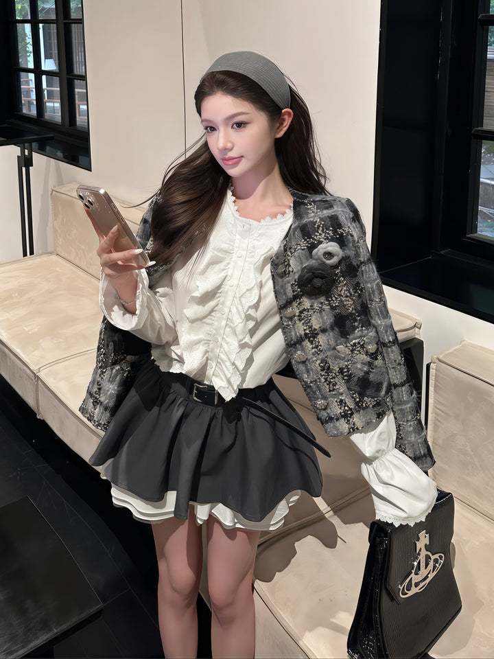 Elegant Tweed Floral Jacket, White Blouse & Gray Mini Skirt Set – Korean Chic Three-Piece Outfit