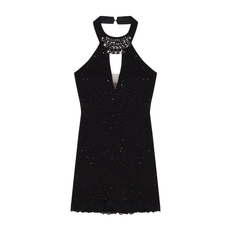 Black Rhinestone Halter Mini Dress – Backless Bodycon Party Dress