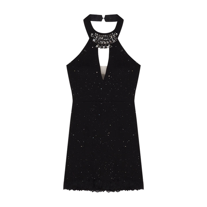 Black Rhinestone Halter Mini Dress – Backless Bodycon Party Dress