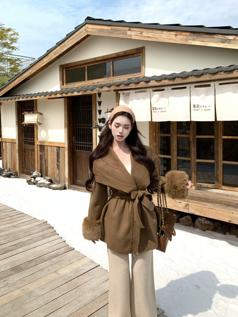 Elegant Belted Faux-Fur Cuff Coat – Mid-Length Soft Vintage Look (Available in 4 Colors)