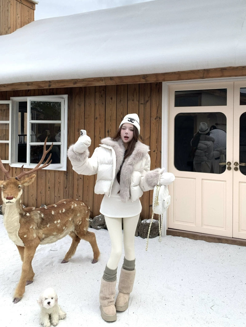 Faux-Fur Collar Puffer Jacket with Matching Thermal Top (Available in 2 Colors)