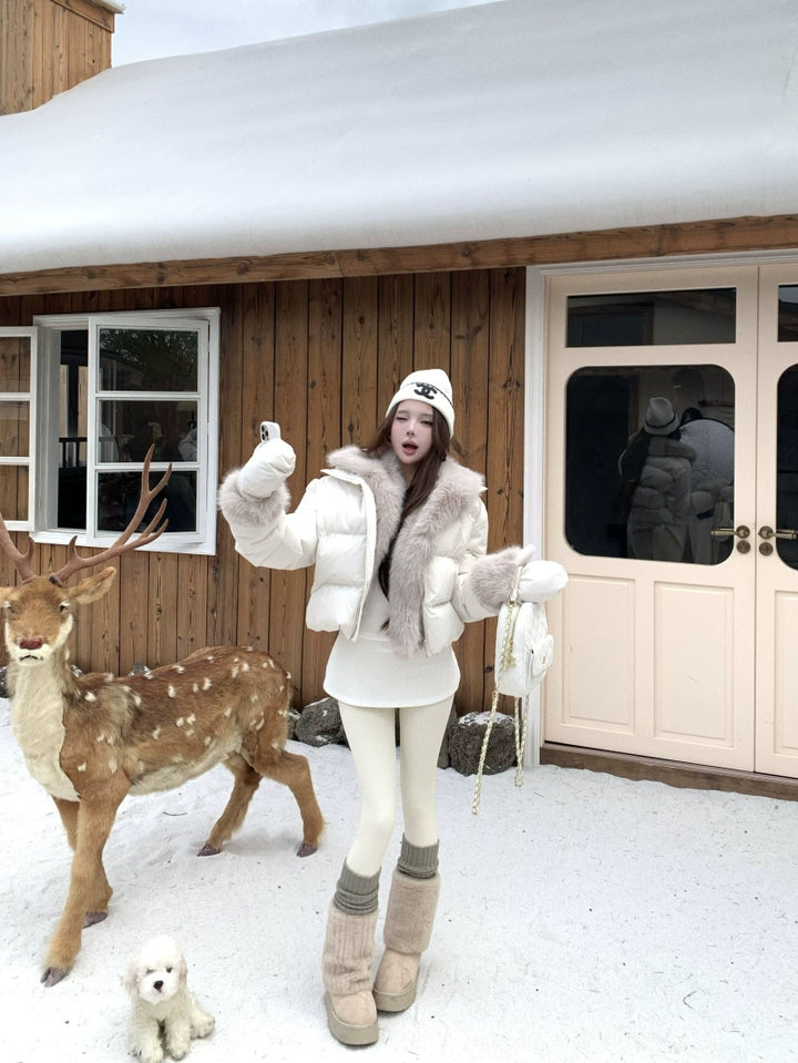 Faux-Fur Collar Puffer Jacket with Matching Thermal Top (Available in 2 Colors)