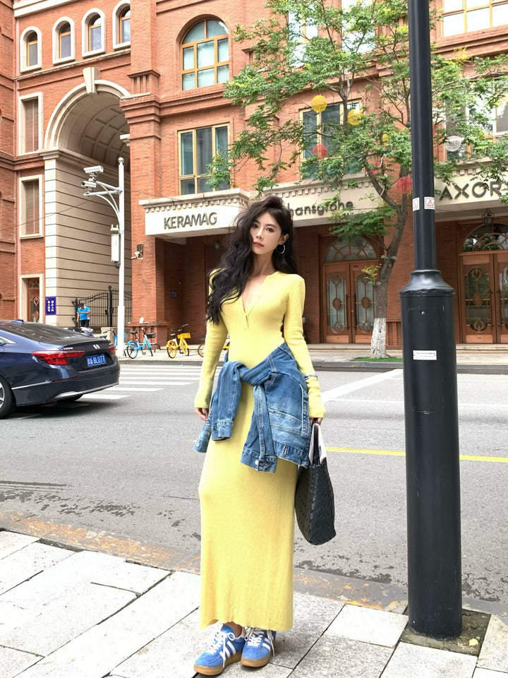 Gray Knit Long Sleeve Bodycon Maxi Dress – Elegant Slim Fit Autumn Dress (Available in 3 Colors)