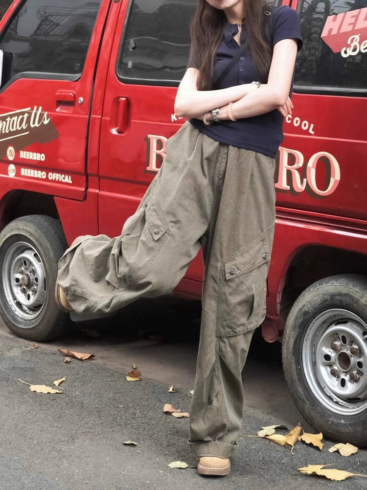 Army Green Cargo Denim Pants – Vintage High-Waist Wide-Leg Jeans with Utility Pockets