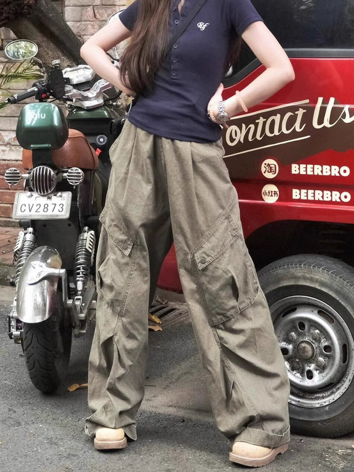 Army Green Cargo Denim Pants – Vintage High-Waist Wide-Leg Jeans with Utility Pockets