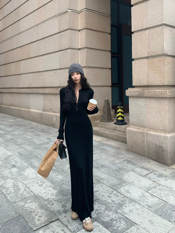 Gray Knit Long Sleeve Bodycon Maxi Dress – Elegant Slim Fit Autumn Dress (Available in 3 Colors)