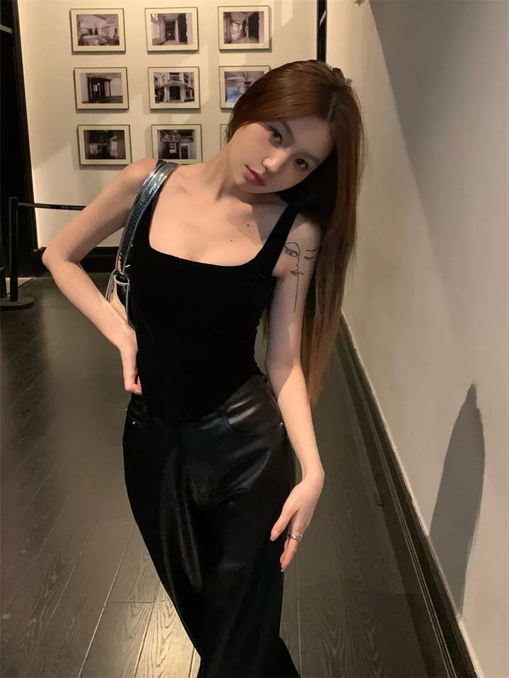 Black High-Waist PU Leather Wide-Leg Pants