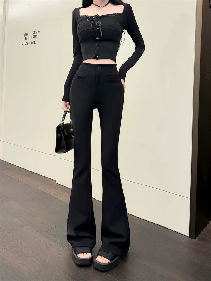 Black Flared Slim-Fit Trousers – High-Waist Stretch Dress Pants (Available in 2 Colors)