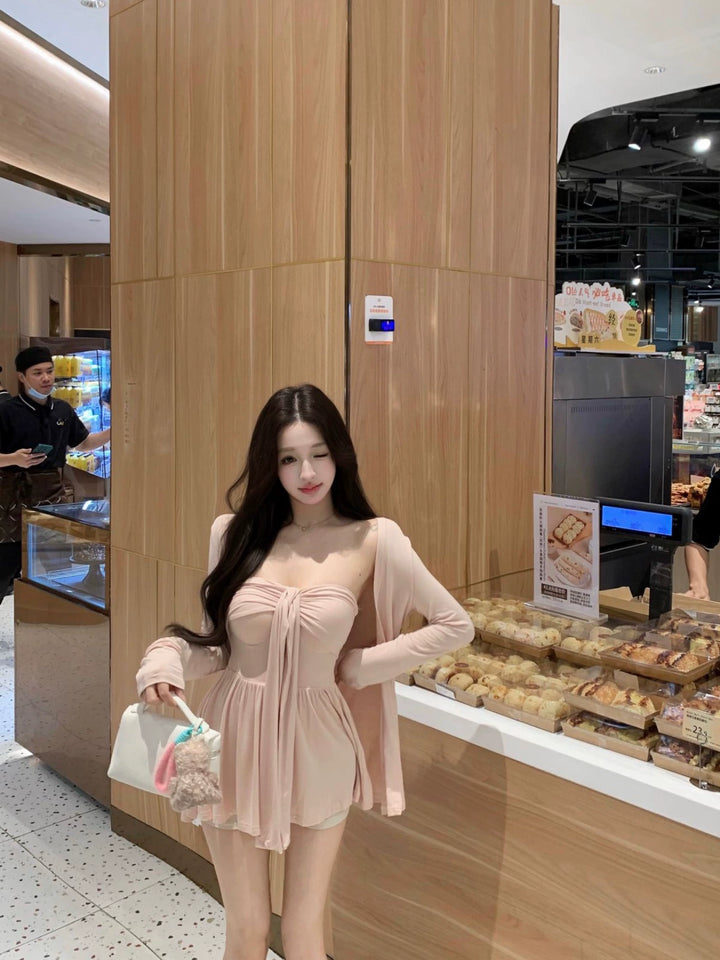 Pink Knit Cardigan & Tube Top Set – Two-Piece Slim Fit Outfit