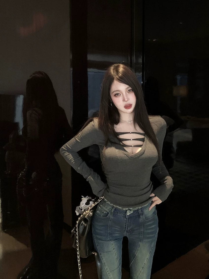 Sexy V-Neck Fleece-Lined Slim Long Sleeve Top (Available in 2 Colors)