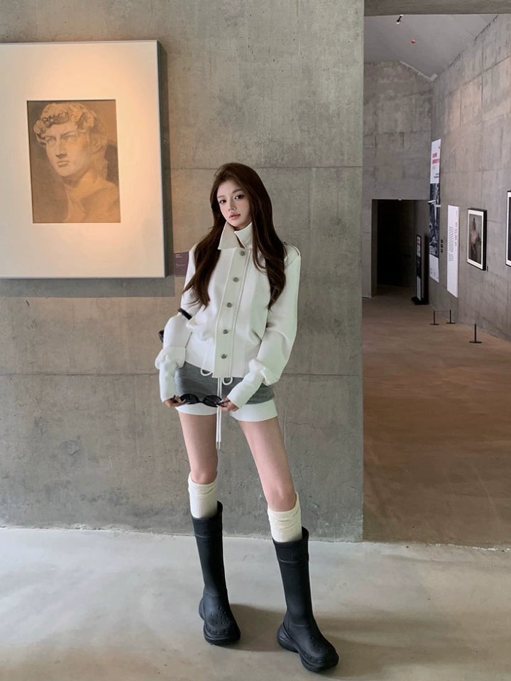 White Stand-Collar Button-Up Jacket – Loose Fit Long-Sleeve Cardigan Coat