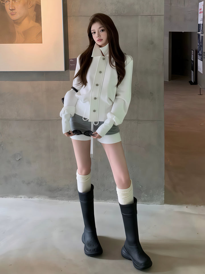 白色立领纽扣夹克 - 宽松长袖开衫外套