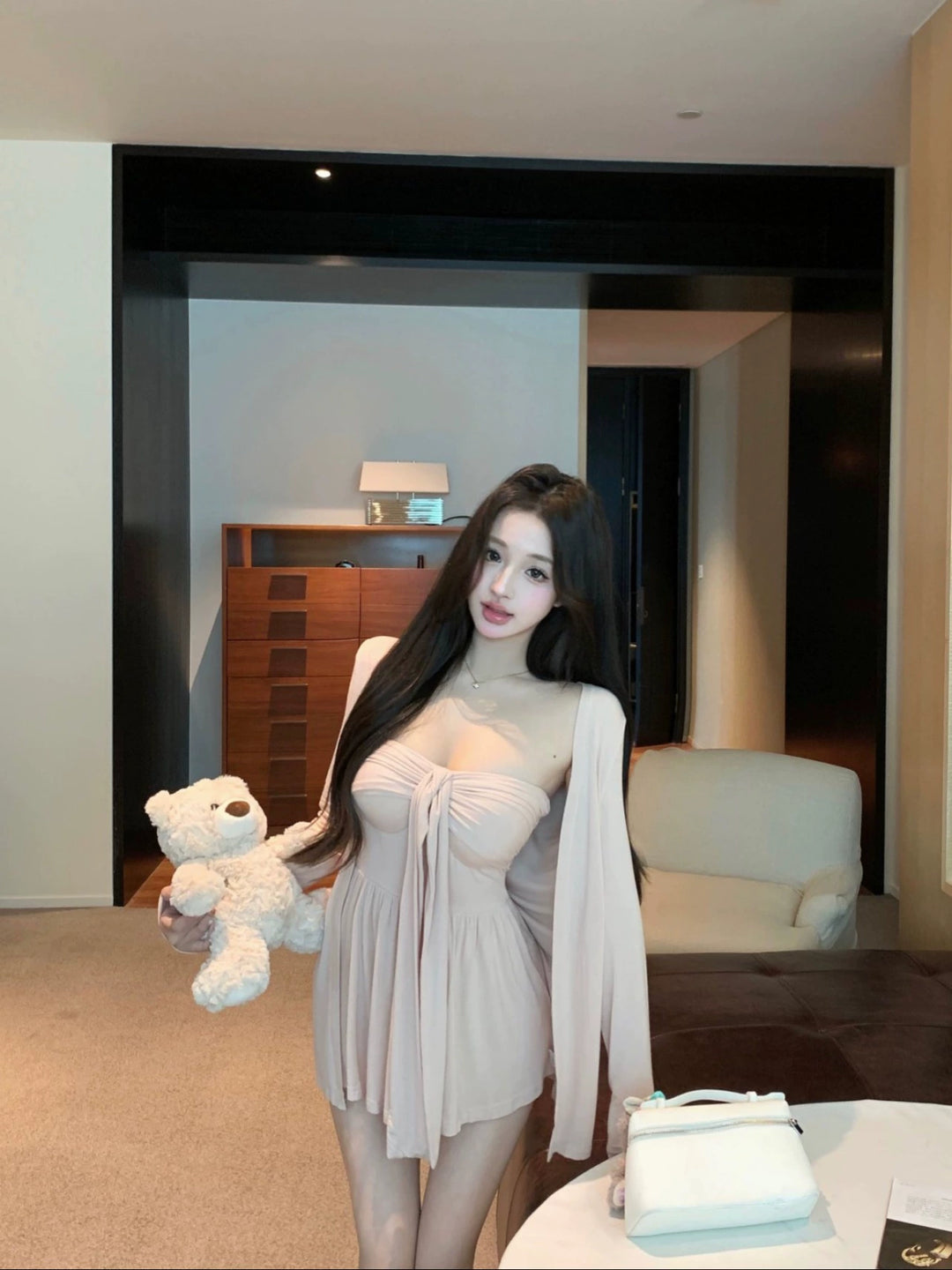 Pink Knit Cardigan & Tube Top Set – Two-Piece Slim Fit Outfit