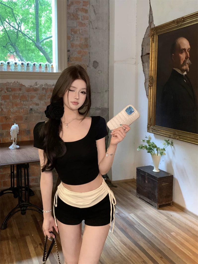 Black Slim-Fit Round Neck Short Sleeve Crop Top – Sexy Tight Basic Tee