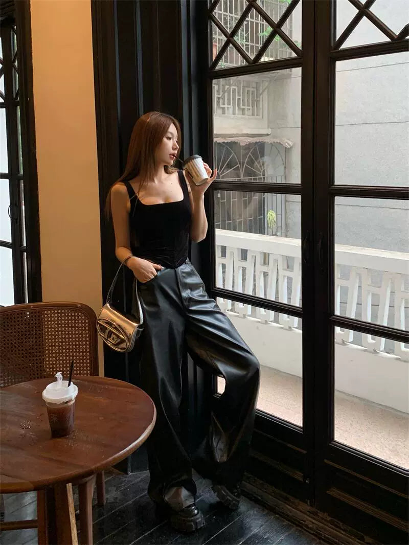 Black High-Waist PU Leather Wide-Leg Pants