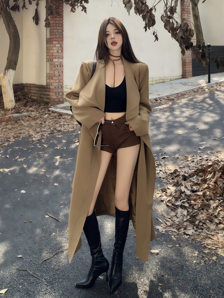 优雅大码风衣 - 长翻领风衣开衫（2色可选）