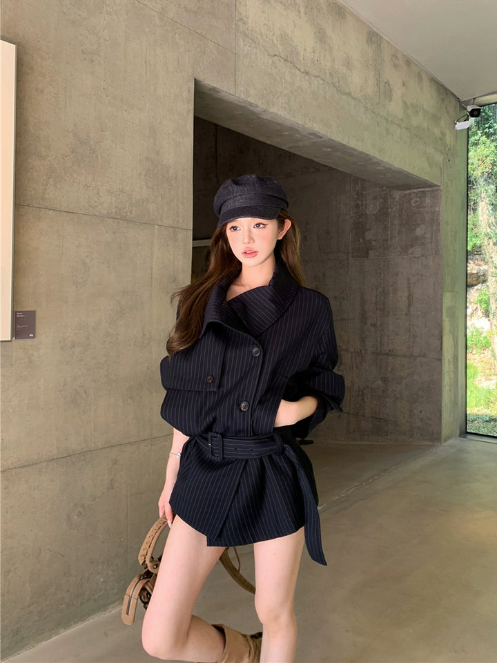 Striped Lapel Trench Coat – Korean Style Loose-Fit Long Jacket