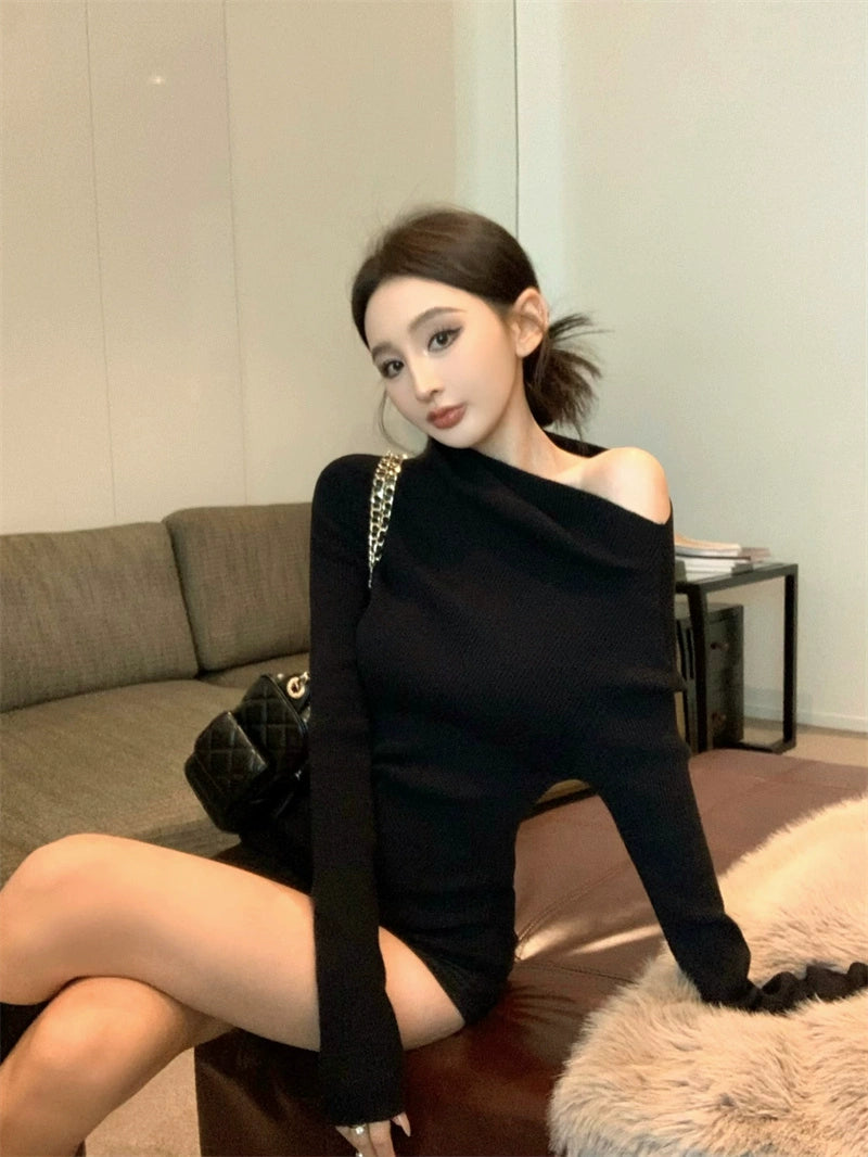 Asymmetric Off-Shoulder Slim Knit Top (Available in 4 Colors)