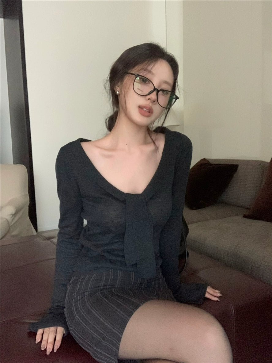 V-Neck Ribbon Tie Knit Top – Slim Fit Long Sleeve Sweater (Available in 2 Colors)