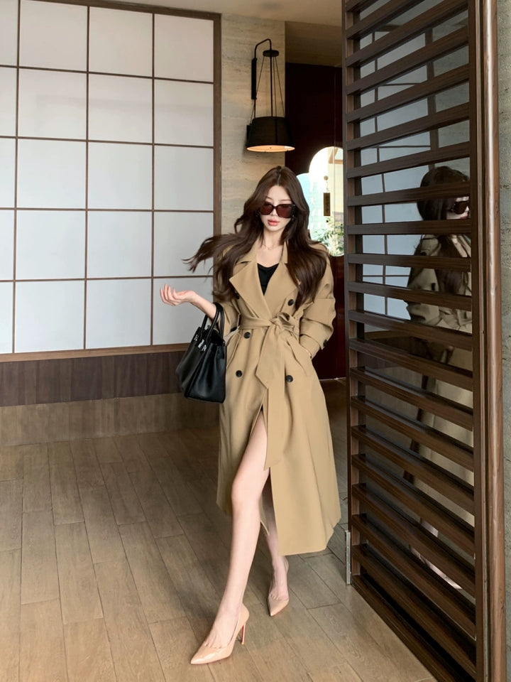 Khaki Double-Breasted Trench Coat – Elegant Long Vintage Windbreaker